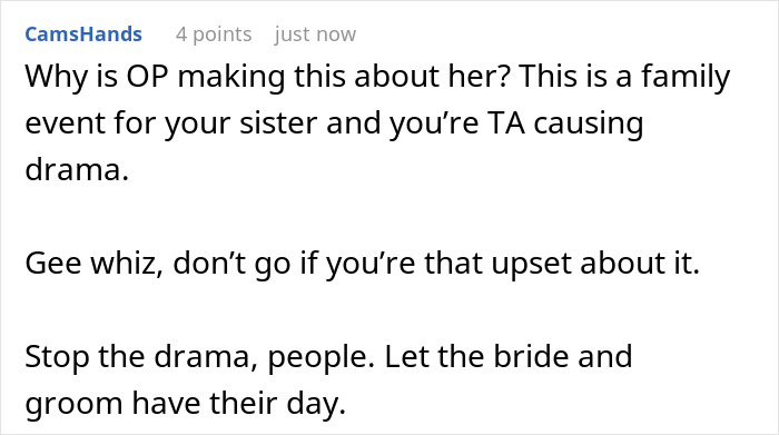 A Reddit comment advises to let the bride and groom have their day, amidst the wedding guest list drama.