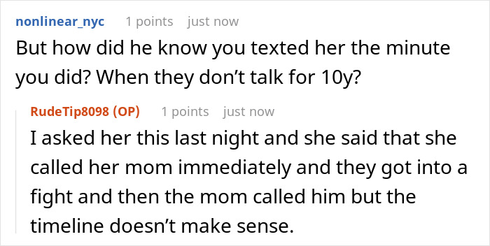A screenshot of a Reddit comment section, discussing a guy's 'GF' who hasn't spoken to him for 10 years.