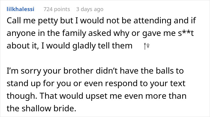 A comment suggesting not attending a wedding if a bride rejects bridesmaids based on weight and the groom doesn't stand up for them. A comment suggesting not attending a wedding if a bride rejects bridesmaids based on weight and the groom doesn't stand up for them.