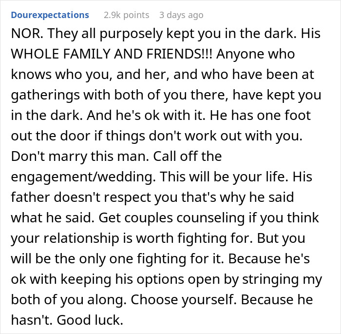 A woman rethinks her engagement after her future father-in-law reveals her son&rsquo;s backup plan. Reddit comments.