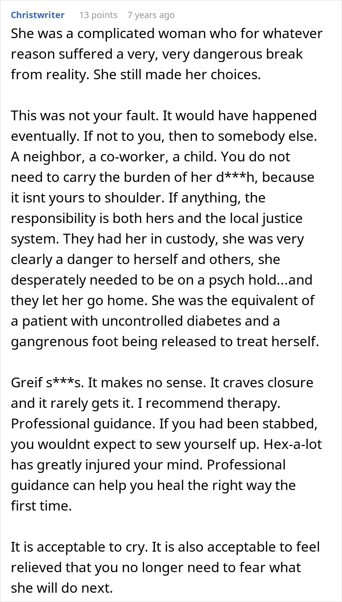 A detailed comment analyzing the Crazy MIL's mental health and suggesting therapy for the user.