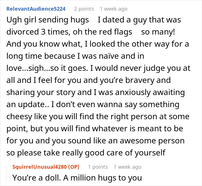Screenshot of a comment supporting the girlfriend's story about her boyfriend and his trip, sending hugs.