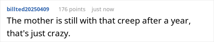 A comment stating the mother is still with the creep after a year, regarding a spy camera in a room. A comment stating the mother is still with the creep after a year, regarding a spy camera in a room.
