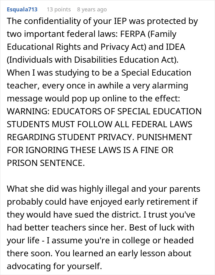 A detailed comment about the legality of the teacher's actions against the boy with Asperger's, citing FERPA and IDEA. A detailed comment about the legality of the teacher's actions against the boy with Asperger's, citing FERPA and IDEA.