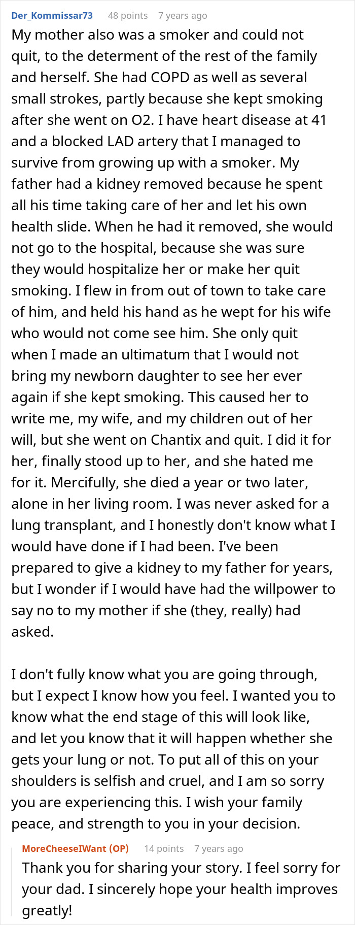 A detailed comment from a user sharing their experience with a smoker mother and offering advice on a teen's decision to donate his lung. A detailed comment from a user sharing their experience with a smoker mother and offering advice on a teen's decision to donate his lung.