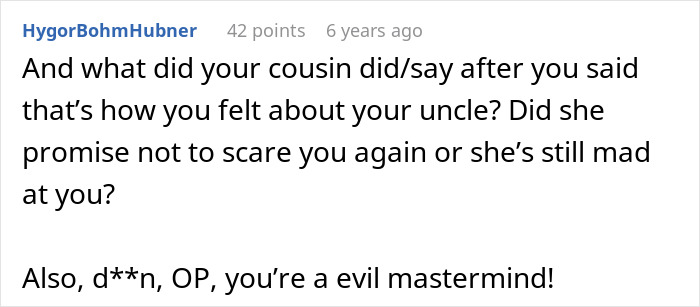 A Reddit comment asking about a cousin's reaction after a woman expresses fear of her toxic uncle.