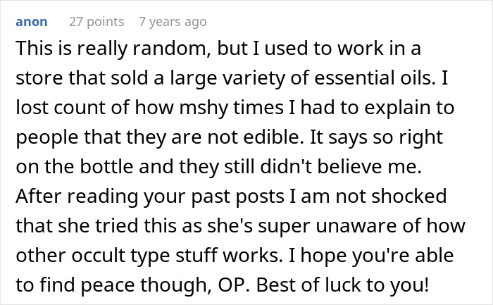 A comment about a crazy MIL's lack of awareness regarding occult practices and potions, relating it to essential oils.