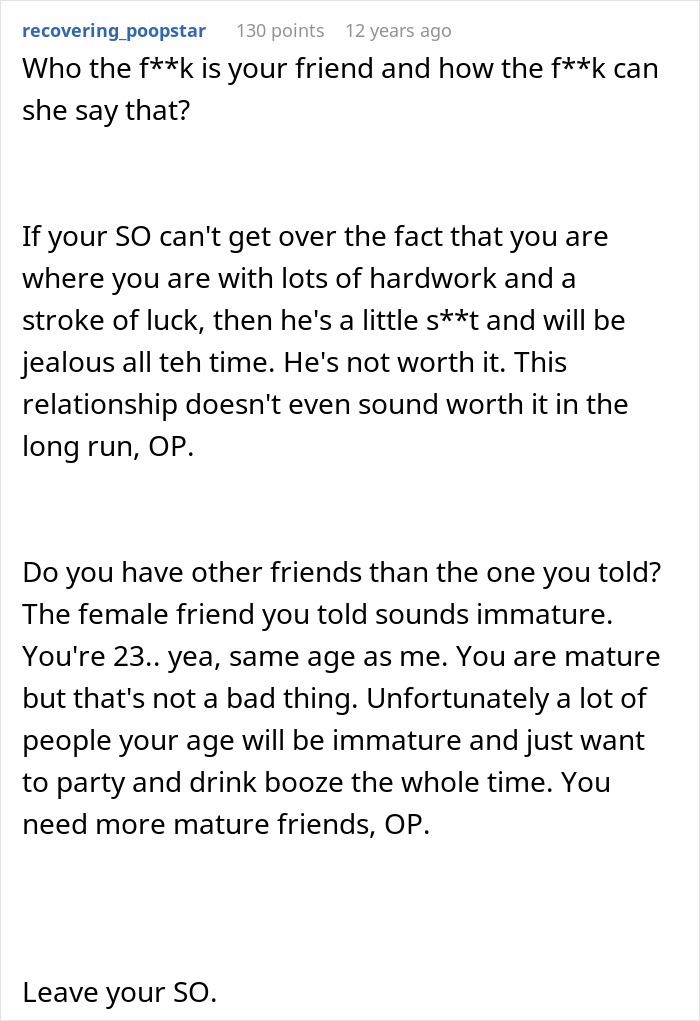 Online comment advising a woman to break up with her childish boyfriend, highlighting his immaturity and jealousy. Online comment advising a woman to break up with her childish boyfriend, highlighting his immaturity and jealousy.