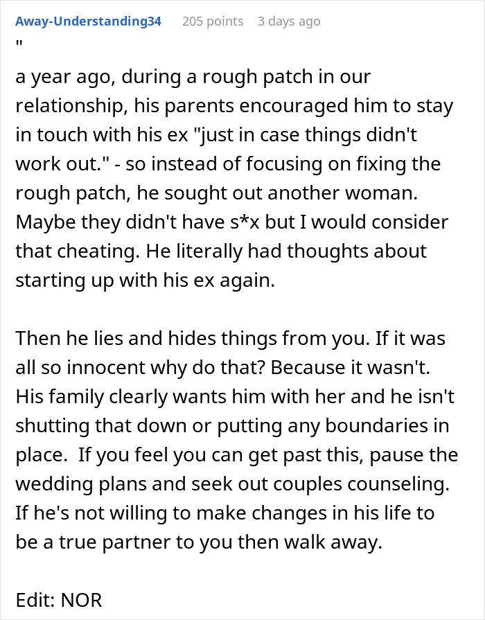 A screenshot of a Reddit comment analyzing the circumstances of a woman rethinking her engagement and backup plan.