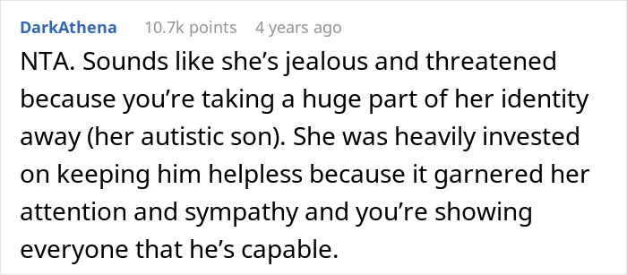 A comment about the autistic guy's mom being jealous and threatened by the GF. A comment about the autistic guy's mom being jealous and threatened by the GF.