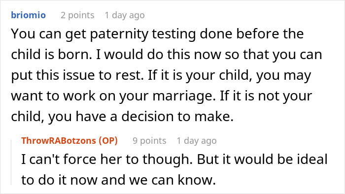 A suggestion for paternity testing before birth to address suspicion on the wife's phone and her reaction.