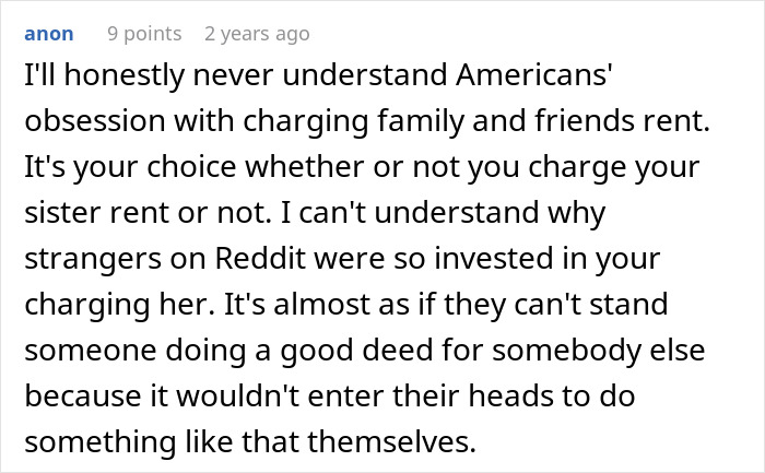 A Reddit comment discussing charging family rent and American obsession with it, relevant to the family vacation.