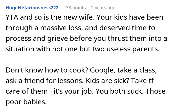 A Reddit comment highlighting a dad and his new wife's inability to handle kids, leading to a nanny hire. A Reddit comment highlighting a dad and his new wife's inability to handle kids, leading to a nanny hire.