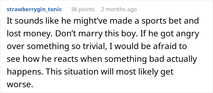 A comment about a fiancé being upset about football, suggesting a lost sports bet and warning about future reactions. A comment about a fiancé being upset about football, suggesting a lost sports bet and warning about future reactions.