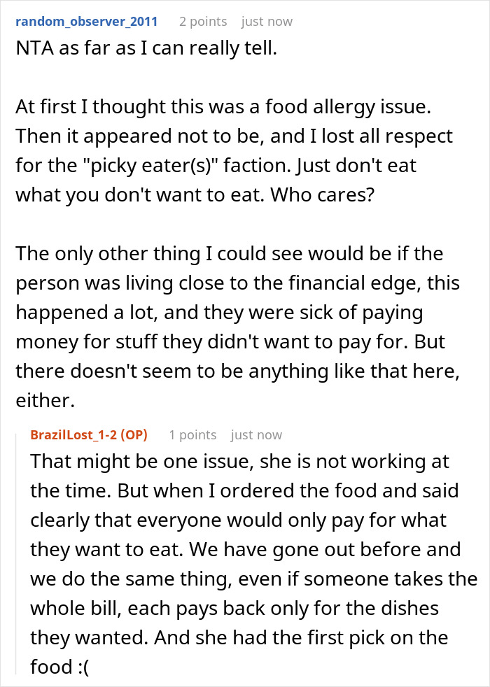 A Reddit comment discussing whether the picky eater issue was due to a food allergy or financial concerns, not wanting sushi. A Reddit comment discussing whether the picky eater issue was due to a food allergy or financial concerns, not wanting sushi.