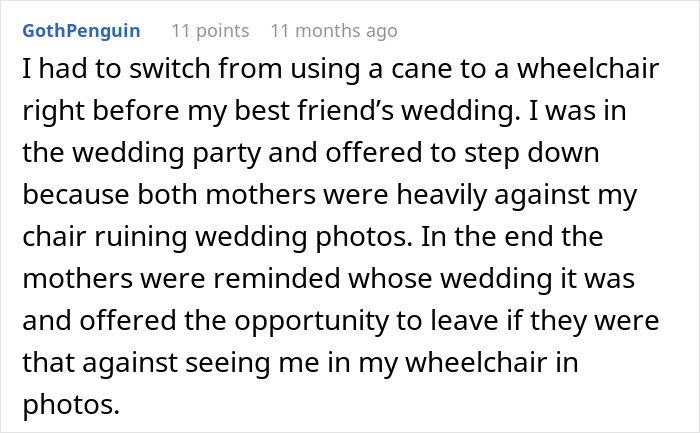 A comment from GothPenguin describing how a bride with twisted values made a messed up request about a wheelchair.