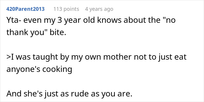 A comment on a forum about a woman refusing to eat, mentioning even a child knows about a no thank you bite to avoid MIL's cooking.