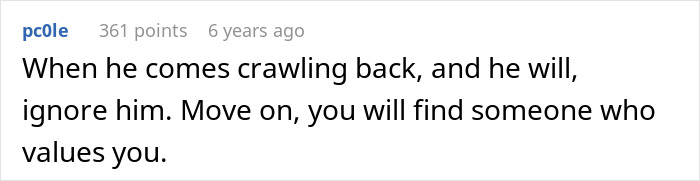 A comment advising the woman to ignore the son and find someone who values her, after being called defective.