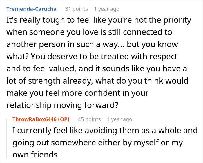 A screenshot of a comment on feeling like a low priority when a husband is connected to an ex. A screenshot of a comment on feeling like a low priority when a husband is connected to an ex.
