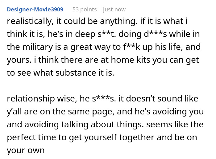 A detailed social media comment from Designer-Movie3909 advising a bride-to-be about a mystery powder and relationship issues. A detailed social media comment from Designer-Movie3909 advising a bride-to-be about a mystery powder and relationship issues.
