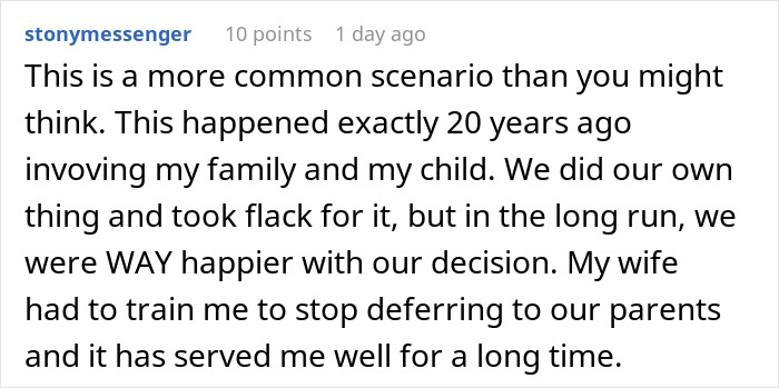 A Reddit comment relating a similar experience of making travel plans without family consultation.