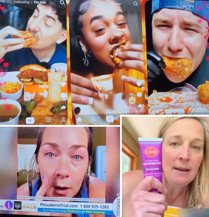 A collage of various commercials people cant stand, including eating mukbang and a woman holding deodorant.