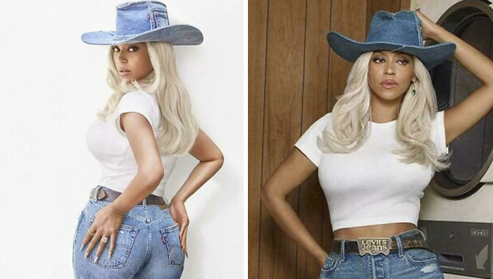 Beyoncé in a denim outfit and cowboy hat, featured in commercials people can't stand.
