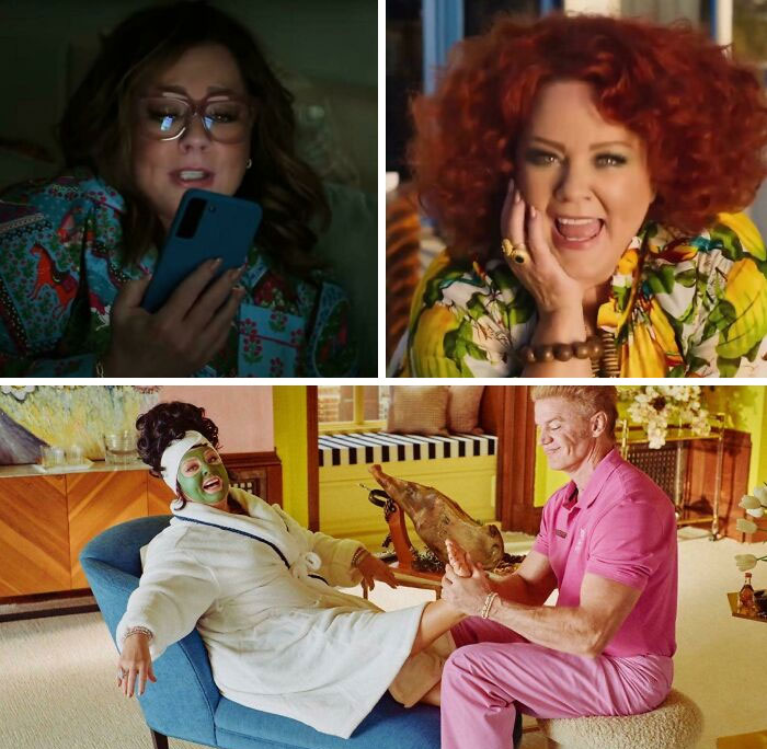 Three panels featuring Melissa McCarthy in different scenes from commercials people can't stand. Top left, she is on a phone. Top right, she is smiling with red curly hair. Bottom, she is getting a foot rub.