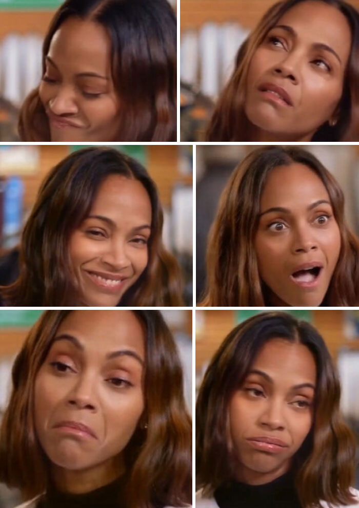 Zoe Saldana showing various expressions in a collage, related to commercials people can't stand.