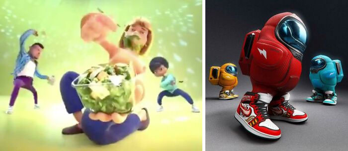 A split image showing animated characters dancing with food and Among Us characters in sneakers, both from commercials.