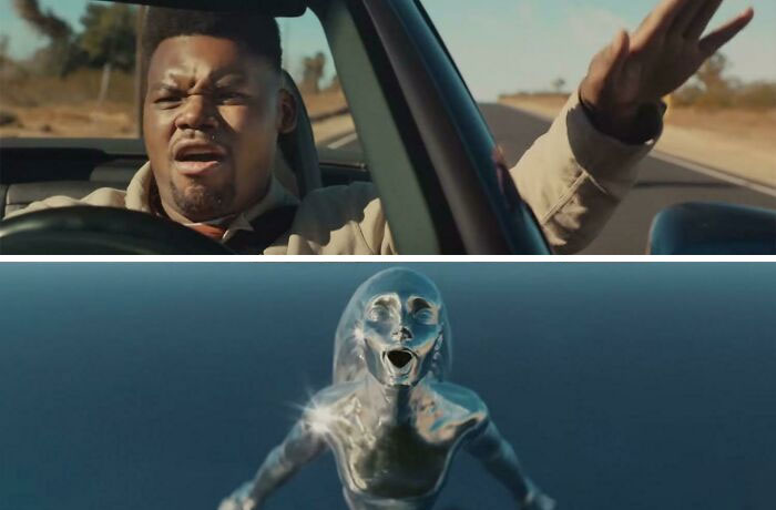 A man in a car with his hand out the window next to a chrome-like figure in water, from commercials people cant stand.