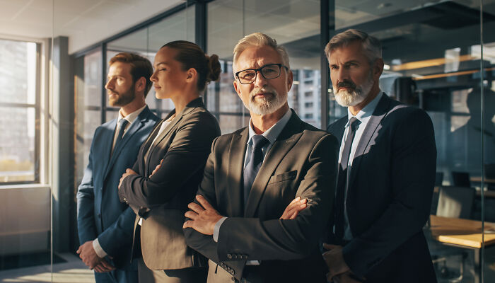 A group of diverse workers standing confidently in a corporate office, reflecting on practices.
