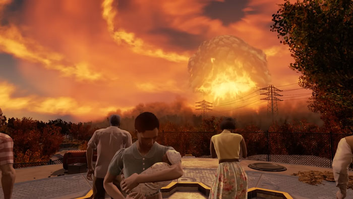A family watches a nuclear war explosion in the distance, underscoring the devastation of nuclear war.