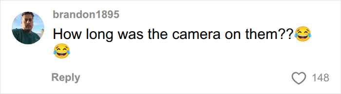 A social media comment from brandon1895 asking, How long was the camera on them?? with laughing emojis, about the viral World Cup moment. A social media comment from brandon1895 asking, How long was the camera on them?? with laughing emojis, about the viral World Cup moment.