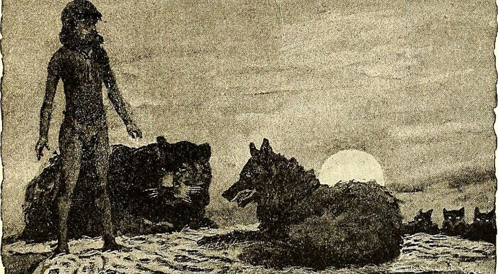 A sepia-toned illustration of Mowgli standing with a black panther, a wolf, and other wild animals, matching book illustrations. A sepia-toned illustration of Mowgli standing with a black panther, a wolf, and other wild animals, matching book illustrations.