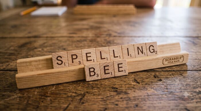 Scrabble tiles on a wooden table spell out BEE and SPELLING. This image highlights spelling skills and spelling tests. Scrabble tiles on a wooden table spell out BEE and SPELLING. This image highlights spelling skills and spelling tests.