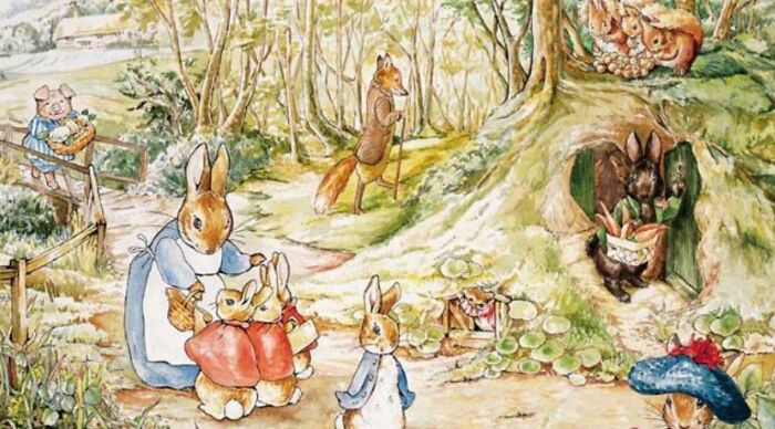 Classic children's book illustrations featuring Peter Rabbit, his family, a fox, and other forest animals in a detailed landscape.