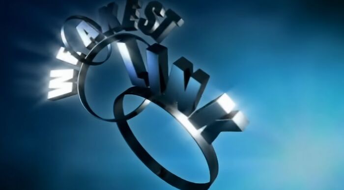 The Weakest Link logo with shiny 3D text against a bright blue background, ready for trivia questions.