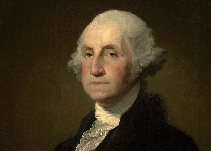 A portrait painting of George Washington, highlighting America facts.