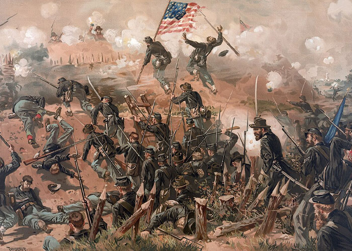 An illustration depicting a Civil War battle scene. Read about fascinating facts about America's past.