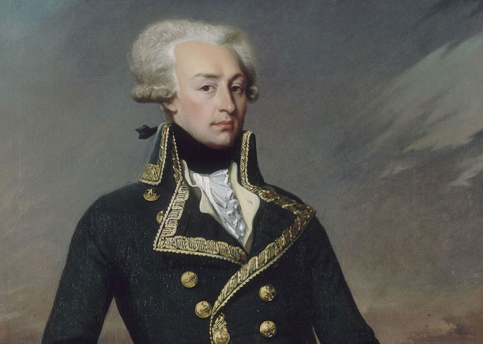 America: Portrait painting of a man with powdered hair, wearing a dark military-style coat.