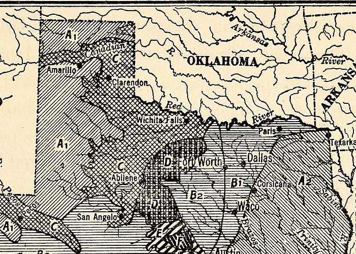 Historical map showing America's regional divisions with cities like Oklahoma, Dallas, and Fort Worth, highlighting facts about America.
