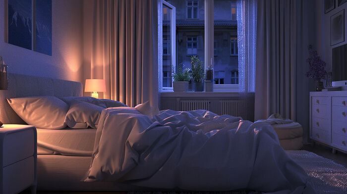 A cozy bedroom with a large bed, open window, and soft lighting, evoking feelings of various childhood experiences.