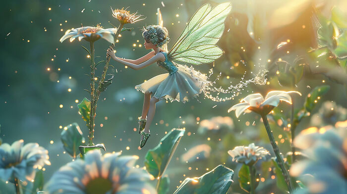 A fantasy fairy in a field of flowers, illustrating a fictional and unbelievable childhood experience.