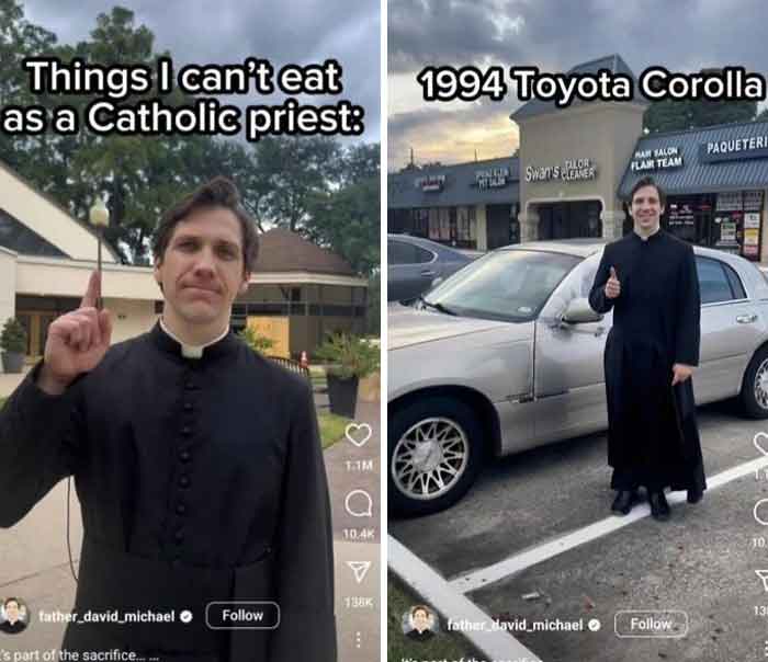 A split image of a priest in cringe posts, discussing what he can't eat and posing with a 1994 Toyota Corolla.