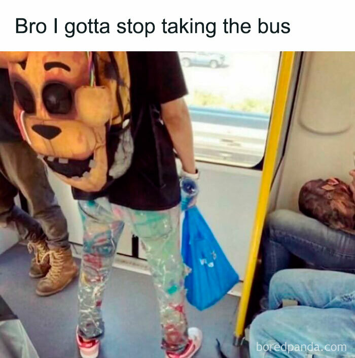 A painfully cringe post showing a person on a bus with a Freddy Fazbear backpack and paint-splattered pants.