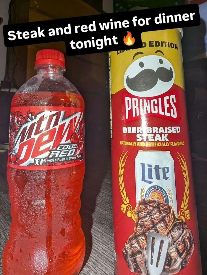 A bottle of Mountain Dew Code Red next to a can of Pringles Beer Braised Steak, a funny cringe post.
