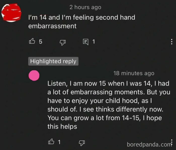 A YouTube comment section showing a 14-year-old feeling second-hand embarrassment, and a 15-year-old offering cringe advice.