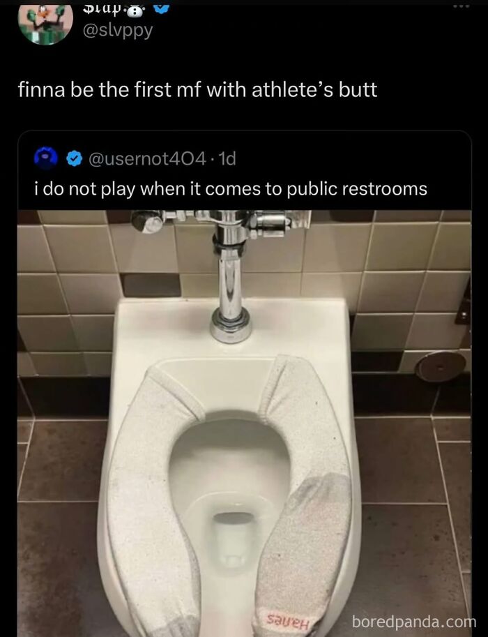 A pair of socks used as a toilet seat cover in a public restroom, an example of cringe posts.