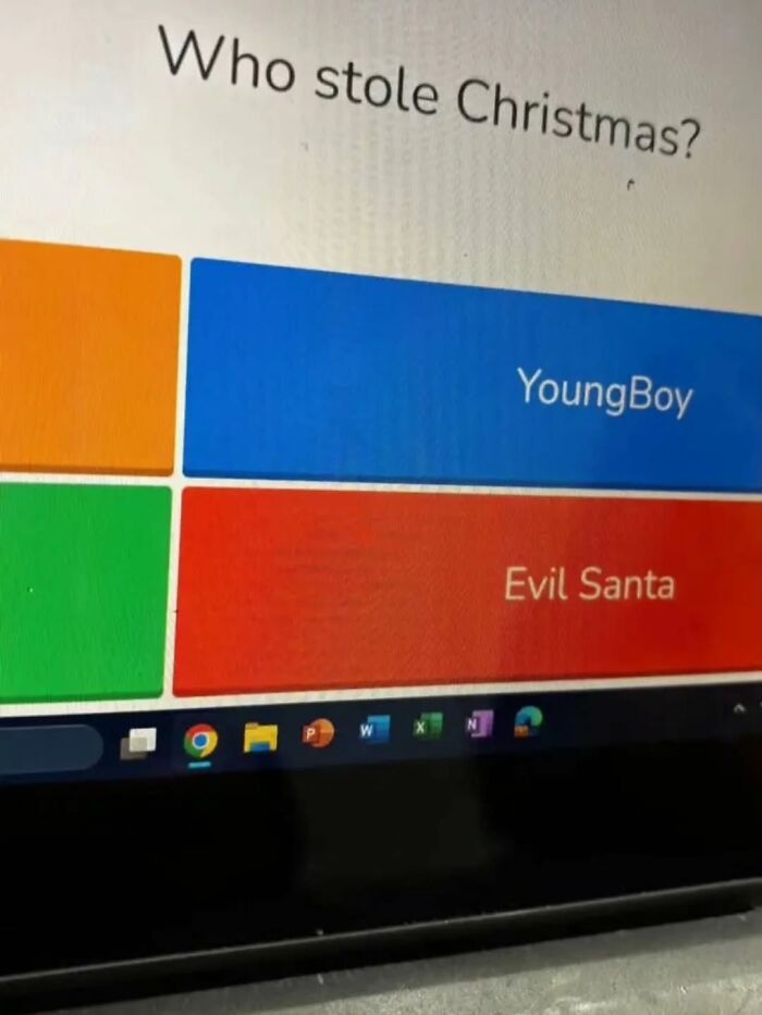 A quiz question asking Who stole Christmas? with options YoungBoy and Evil Santa, a funny cringe post.